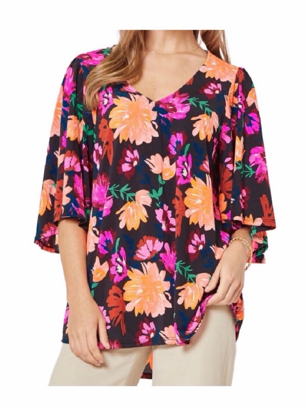 Dear Scarlett VNeck Floral Flutter Sleeve Top in Black with Pink & Orange Blooms